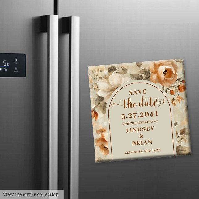 Trendig Boho Koppar Elfenben Oliv Blommig Spara Da Magnet (Trendy Boho Copper Ivory Olive Floral Save Date magnet )