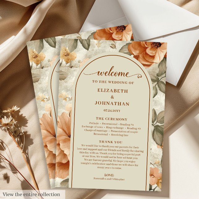 Trendig Boho Koppar Elfenben Olivsalvia Blommig Br Program (Trendy Boho Copper Ivory Olive Floral Wedding Program)