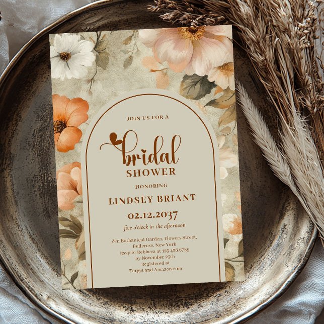Trendig Boho Koppar Sage Blommig Bröllopsdusch Inb Inbjudningar (Trendy Boho Copper Sage Floral Bridal Shower Invitation)
