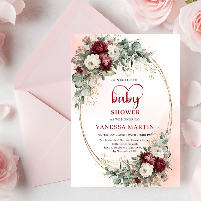 Trendig Boho Maroon Blommig Guldaccent Baby Shower Inbjudningar (Trendy Maroon Floral Gold Accent Baby Shower Invite

)