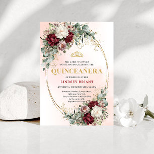 Trendig Boho Marsala Blommor Eucalyptus Quinceañer Inbjudningar