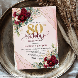 Trendig Boho Marsala Guld Flowers 80:e födelsedage Inbjudningar
