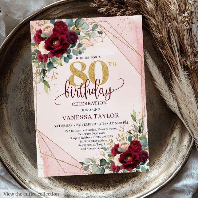 Trendig Boho Marsala Guld Flowers 80:e födelsedage Inbjudningar (Trendy Boho Marsala Gold Flowers 80th Birthday Invitation)