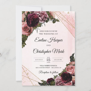 Trendig boho mauve ro blommor faux guld ram inbjudningar