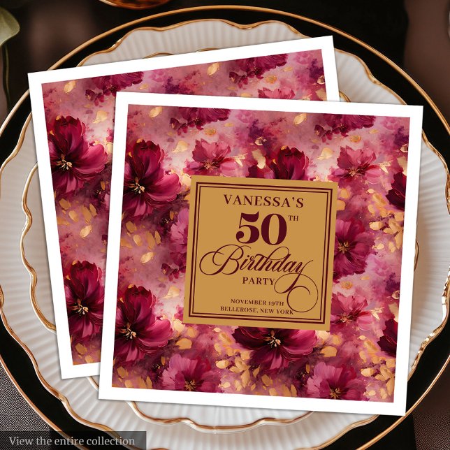 Trendig Boho Mörk Red  Guld 50:e födelsedagen Pappersservett (Trendy Boho Dark Red Blush Gold 50th Birthday Paper Dinner Napkins )