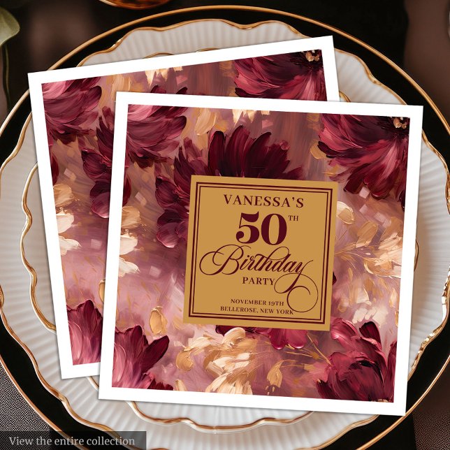 Trendig Boho Mörk Red  Guld 50:e födelsedagen Pappersservett (Trendy Boho Dark Red Blush Gold 50th Birthday Paper Dinner Napkins)