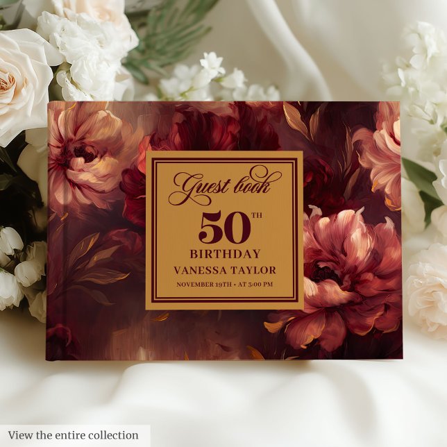Trendig Boho Mörk Red  Guld Flowers 50:e dagen Gästböcker (Trendy Boho Dark Red Blush Gold Flowers 50th Bday Guest Book)