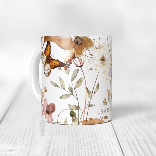 Trendig Boho Neutralt Autumn Wildblommor on White Kaffemugg (Skapare uppladdad)
