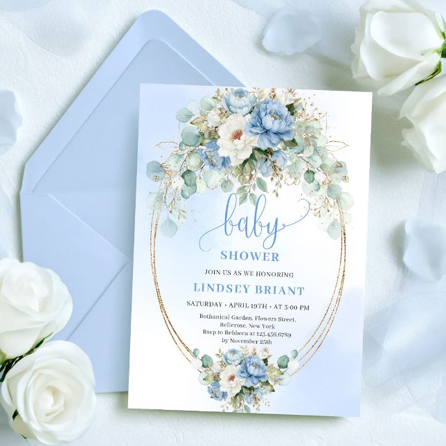 Trendig Boho Pastell Blå Blommor Baby Shower Inbju Inbjudningar (Chic Boho Pastel Blue Flowers Baby Shower Invitation)