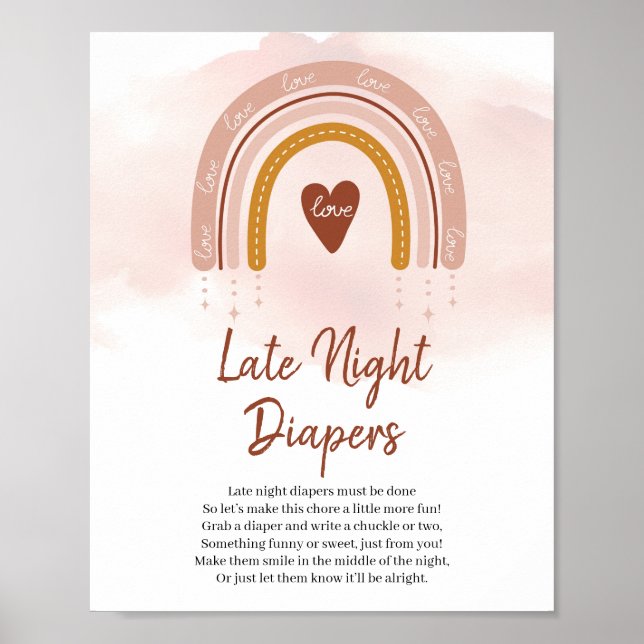 Trendig Boho Rainbow Late Night Diaper Game Sign Poster (Framsidan)