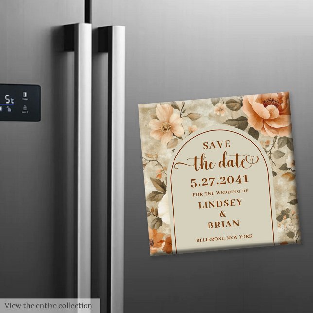 Trendig Boho Rost Beige Olivgrön Blommig Save the  Magnet (Trendy Boho Rust Beige Olive Floral Save the Date)