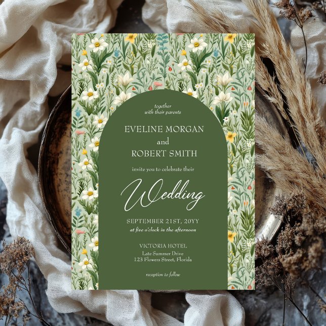 Trendig Boho vår vild Blommor grönt Arch Inbjudningar (watercolor boho spring wild flowers green arch wedding invitation)