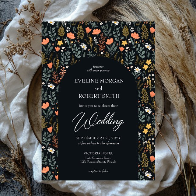 Trendig Boho vår vild Blommor marsch Inbjudningar (groovy retro flat cotagecore wild flowers wedding invitation)