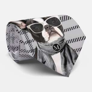 Trendig Boston Terrier hund och Plaid Monogram Slips