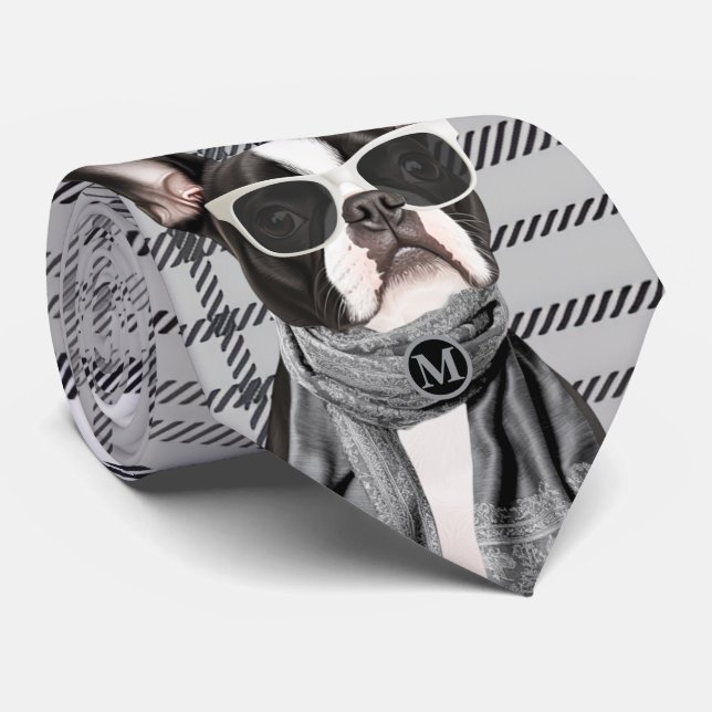 Trendig Boston Terrier hund och Plaid Monogram Slips (Rullad)
