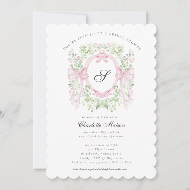 Trendig botanisk rosa rosett monogram babyshower   inbjudningar (Framsida)