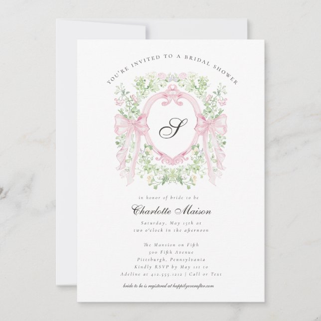 Trendig botanisk rosa rosett monogram babyshower   inbjudningar (Framsida)