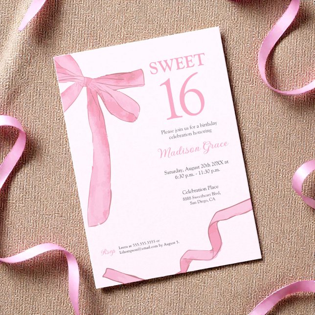 Trendig Bow Ribbon Coquette Sweet 16 Rosabränd  Inbjudningar (Trendy, coquette pink bow Sweet 16 invitation.)