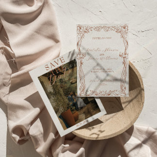 Trendig Bränd Orange Terrakotta Boho Foto Bröllop Spara Datumet