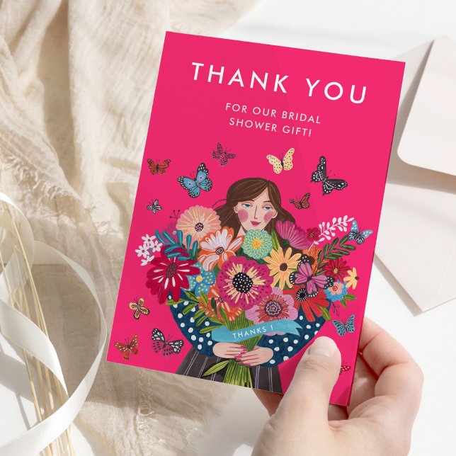 Trendig Bright Rosa Möhippa Tack Kort (Trendy Bright Pink Bridal Shower Thank You Card)