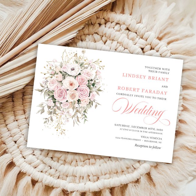 Trendig bröllopsinbjudan med rosor och grönska inbjudningar (Trendy Blush Roses Greenery Wedding Invite)
