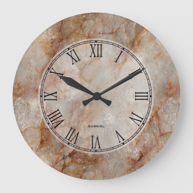 Trendig Brown Faux Marble Stone Mönster Stor Klocka (Framsida)