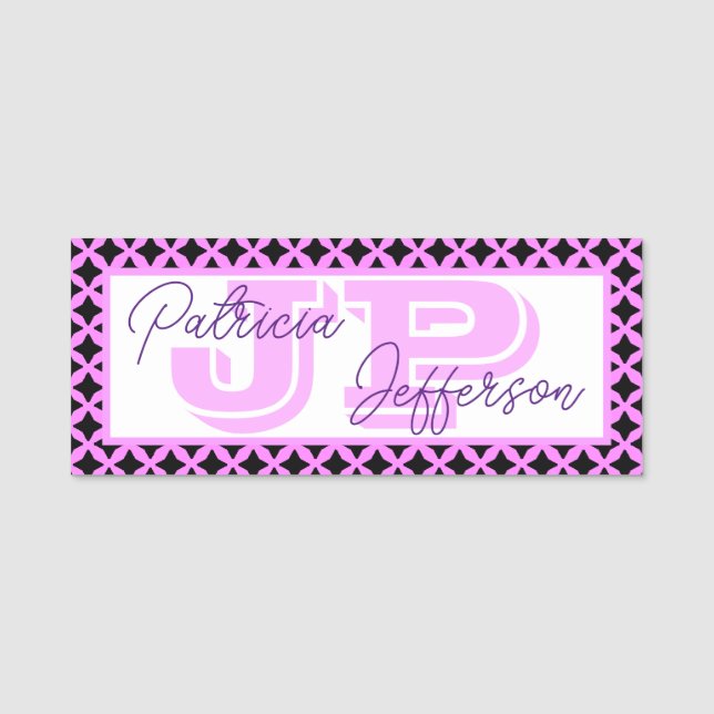 Trendig Bubblegum Rosa Black Lattice Mesh: Monogra Namnbricka (Framsida)