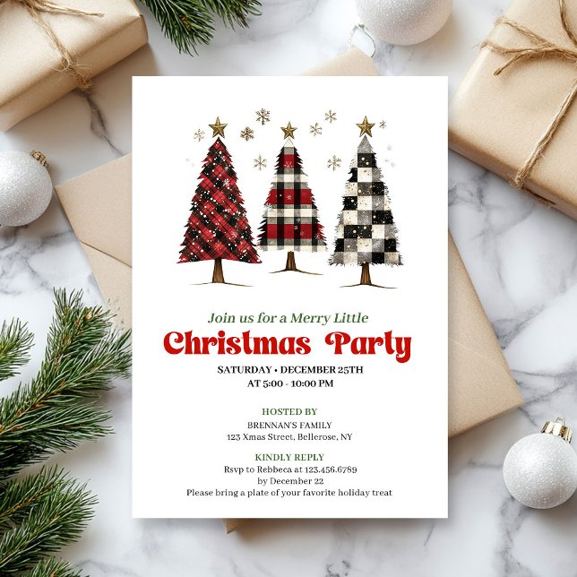 Trendig buffelmönstrad julgran redigerbar  inbjudningar (Trendy buffalo plaid Christmas tree editable invite)