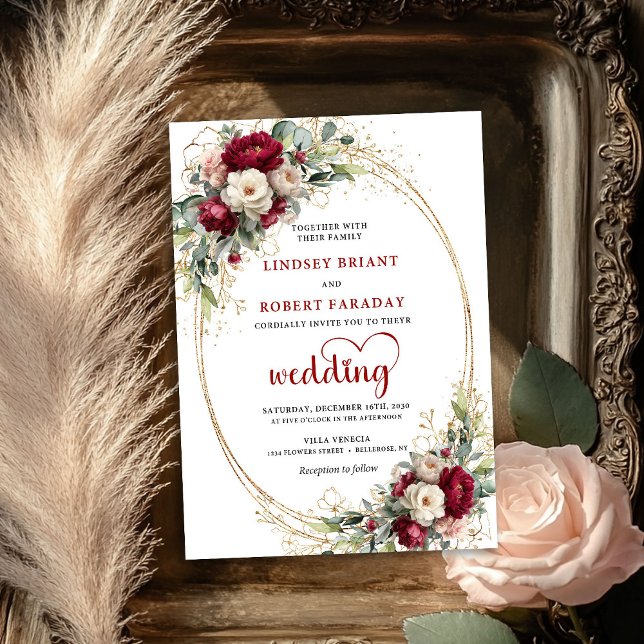 Trendig Burgunder Bohemisk Bröllopsblomma Inbjudan (Trendy Burgundy Bohemian Wedding Floral Invite)