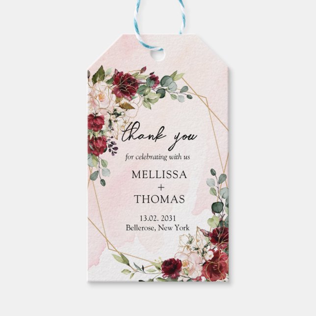 Trendig burgundy blommigt eucalyptus och guld bröl presentetikett (Framsidan)