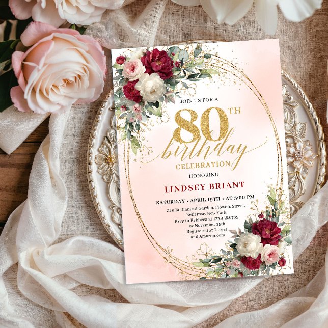 Trendig Burgundy Boho Chic 80-års inbjudan (Trendy Burgundy Boho Chic 80th Birthday Invitation)