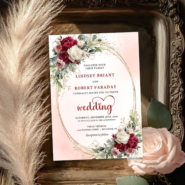 Trendig Burgundy Boho Chic Blommig Bröllopsinbjuda Inbjudningar (Trendy Burgundy Boho Chic Floral Wedding Invite)