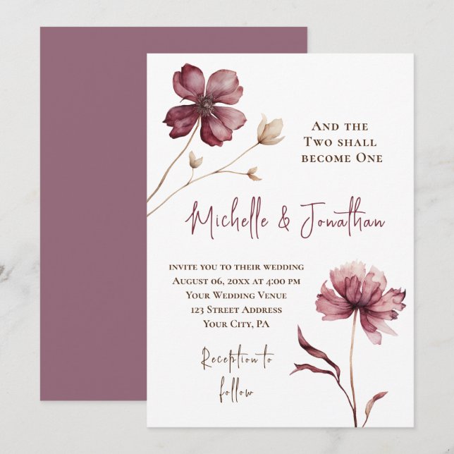 Trendig Burgundy Flowers Christian Bible Bröllop Inbjudningar (Fram/baksida)