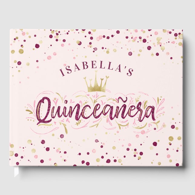 Trendig  Burgundy & Guld Confetti Quinceañera Gästböcker (Framsida)