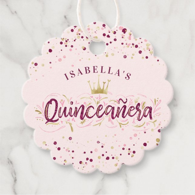 Trendig  Burgundy & Guld Confetti Quinceañera Gåvor Etiketter (Framsida)