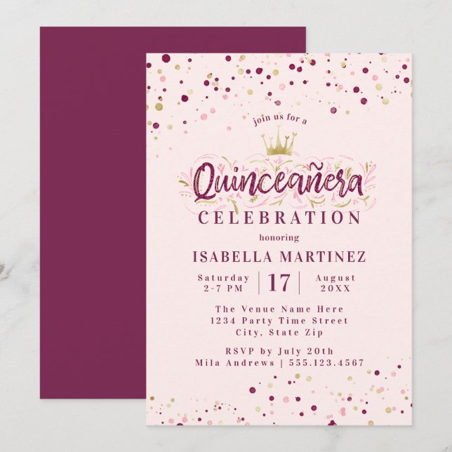 Trendig  Burgundy & Guld Confetti Quinceañera Inbjudningar (Fram/baksida)