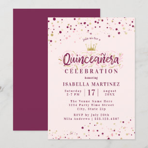Trendig Burgundy & Guld Confetti Quinceañera Inbjudningar