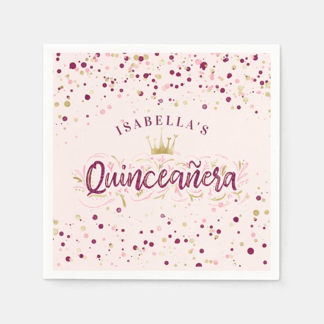 Trendig  Burgundy & Guld Confetti Quinceañera Pappersservett (Framsidan)