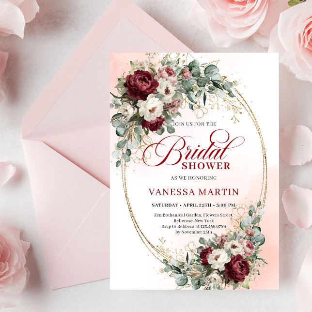 Trendig Burgundy Guld Grönska Bröllopsfest Inbjuda Inbjudningar (Trendy Burgundy Gold Greenery Bridal Shower Invite)