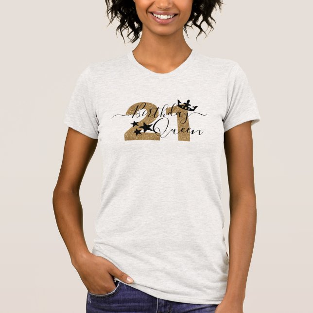 Trendig Calligraphy Guld 21 Birthday Queen Krona T Shirt (Framsida)