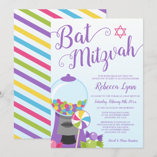 Trendig Candy Bat mitzvah Inbjudningar (Fram/baksida)