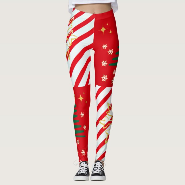 Trendig Candy cane Red White Rand Leggings (Framsida)
