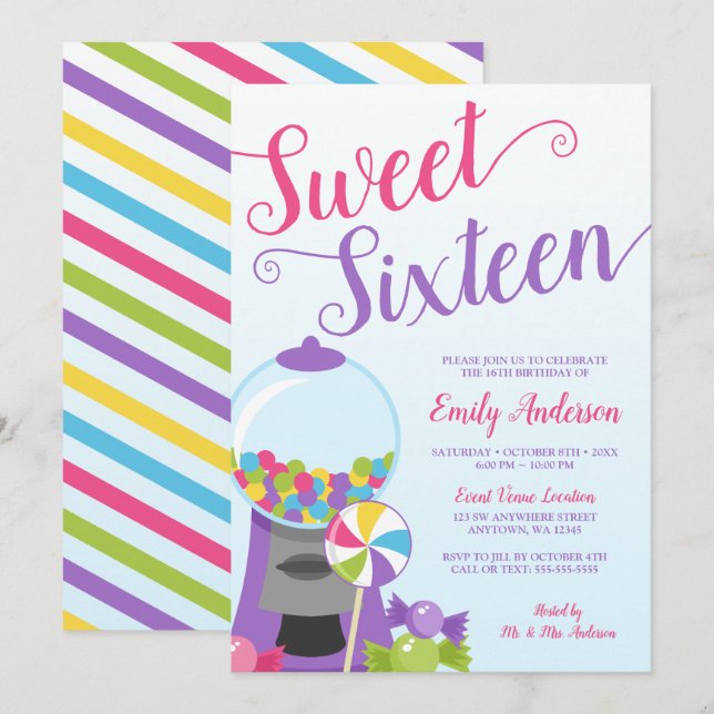 Trendig Candy Sweet 16 Inbjudningar (Fram/baksida)