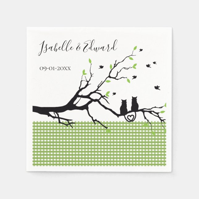 Trendig Cats in Kärlek Moss Grönt Gingham Bröllop Pappersservett (Framsidan)