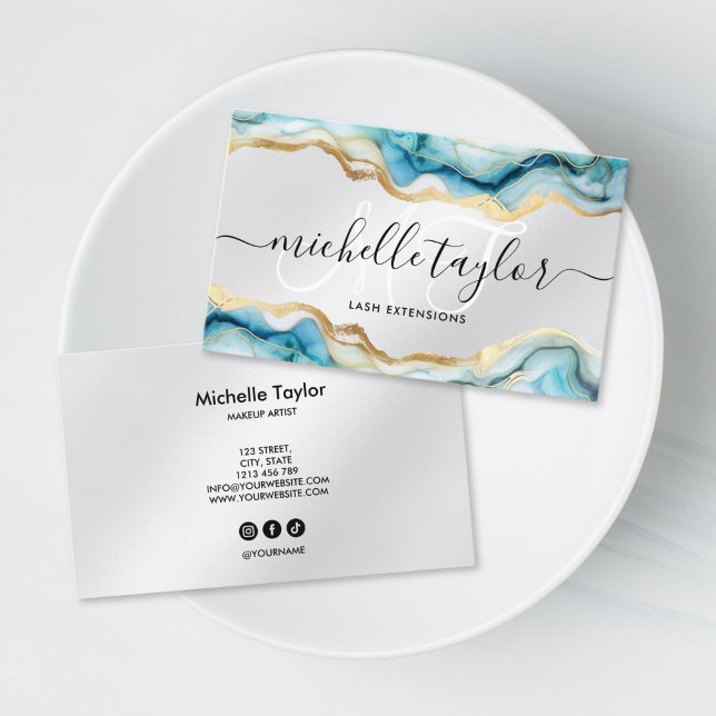 Trendig Chic Blå Monogram Makeup Artist Hår Salong Visitkort (trendy chic blue agate monogram calligraphy business card)
