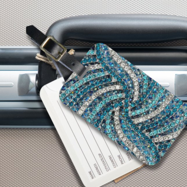 trendig chic geometrisk linjer grått blå rineston bagagebricka (bohemian girly chic silver grey turquoise blue luggage tag)