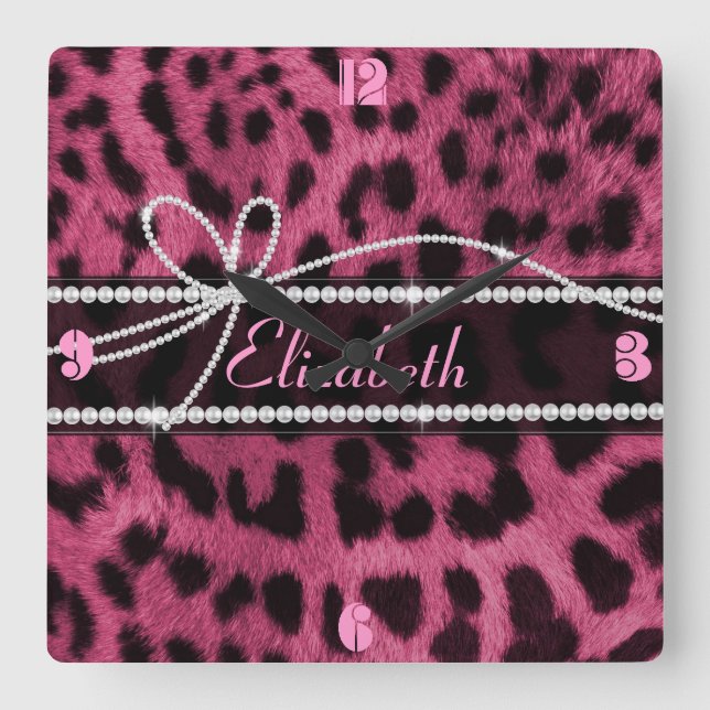 Trendig chic  gigfaux shock rosa leopard animal fyrkantig klocka (Framsida)