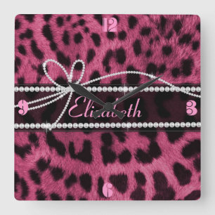 Trendig chic gigfaux shock rosa leopard animal fyrkantig klocka