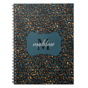 Trendig Chic Leopard Mönster Monogram Namn Spiral Anteckningsbok
