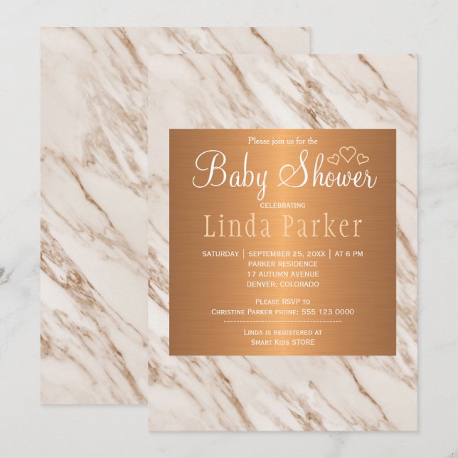 Trendig chic marmor koppar monogram babyshower inbjudningar (Fram/baksida)